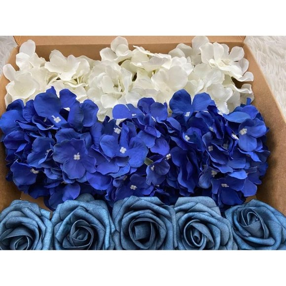 15 count | White Royal & Dusty Blue Hydrangeas Roses Bouquet Wedding Centerpiece - Picture 2 of 6